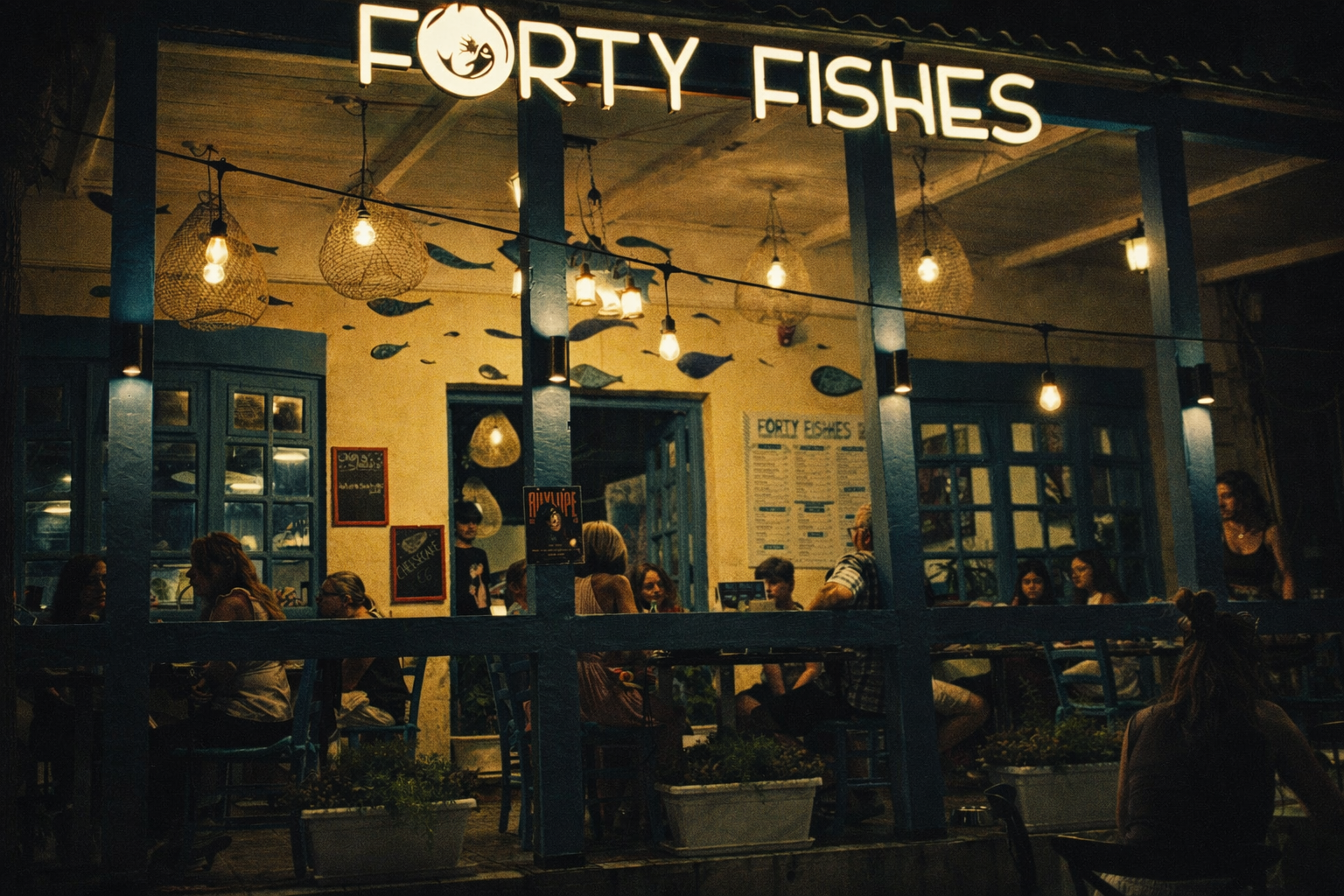 Forty Fishes restaurant exterior at night