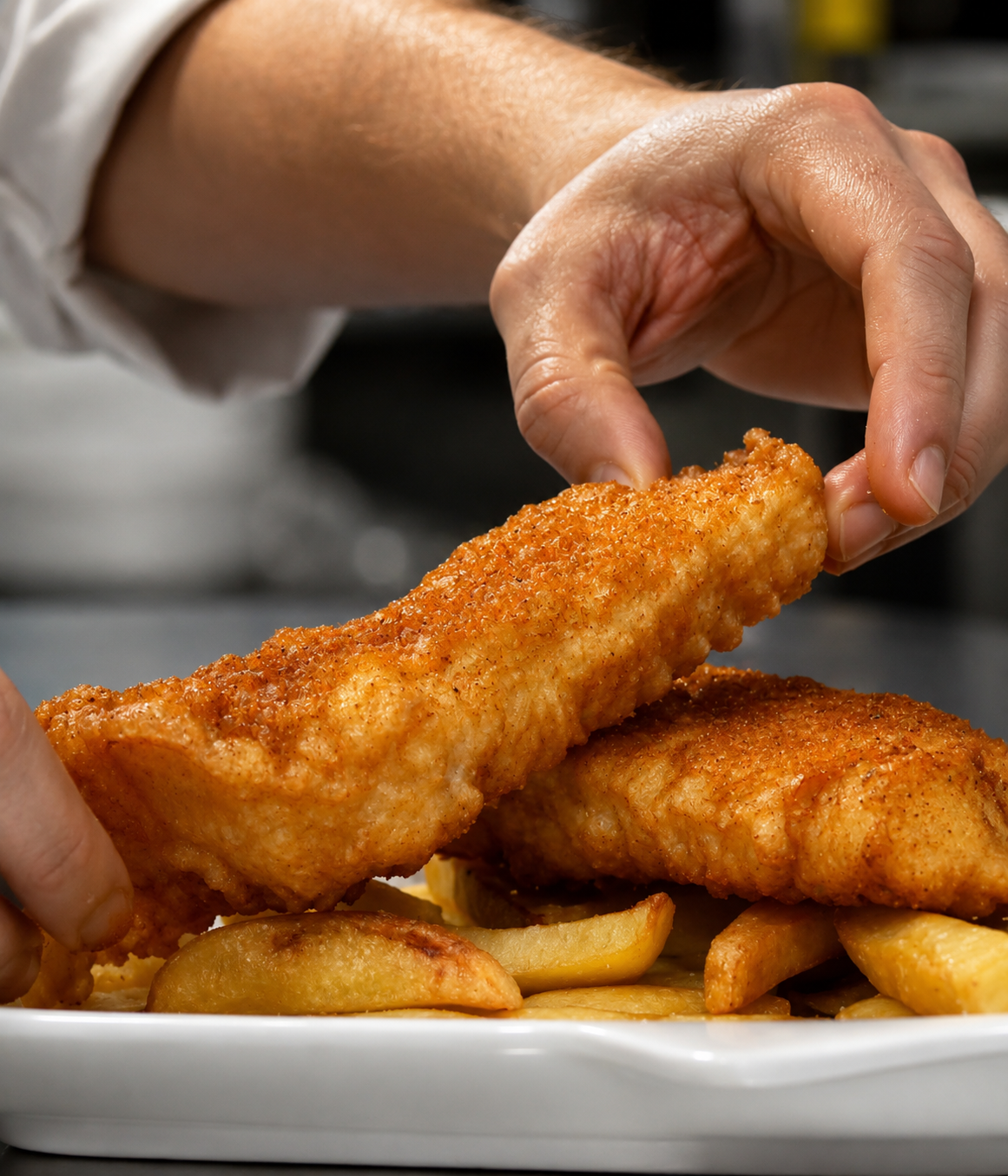 Crispy fish and chips plated fresh